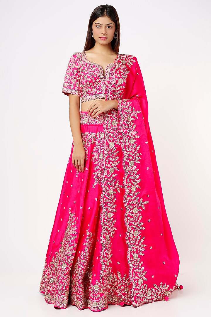 Strawberry Pink Silk Embroidered Bridal Lehenga Set by SURBHI SHAH at Pernia's Pop Up Shop