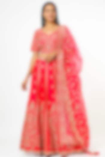 Bright Red Embroidered Lehenga Set by SURBHI SHAH