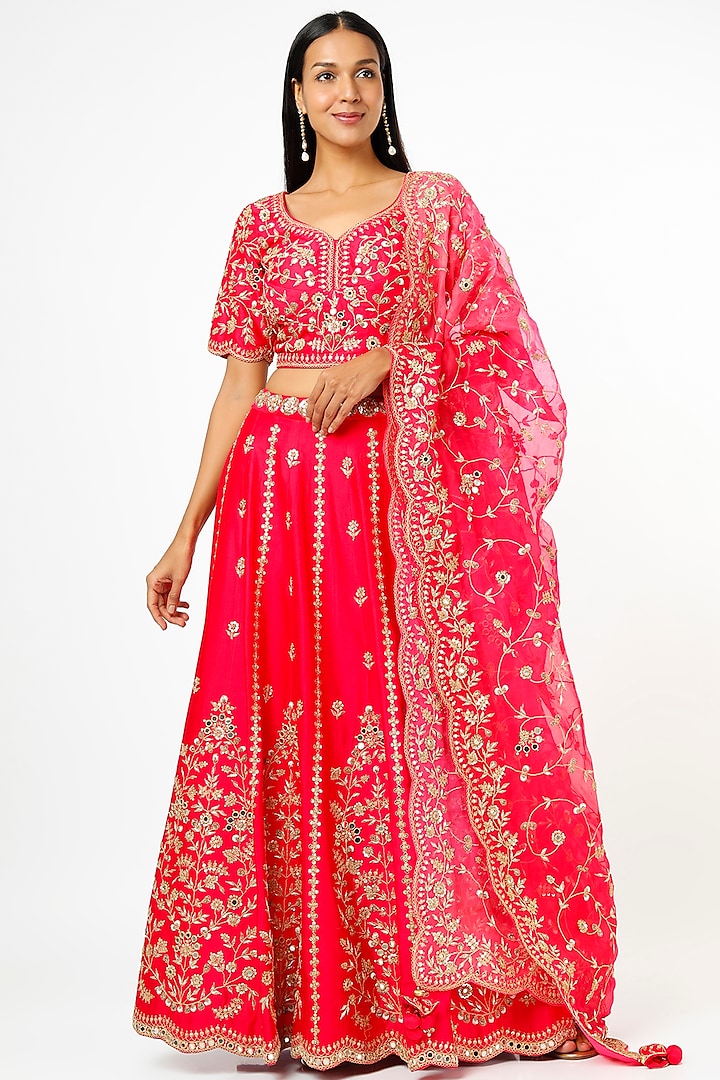 Bright Red Embroidered Lehenga Set by SURBHI SHAH