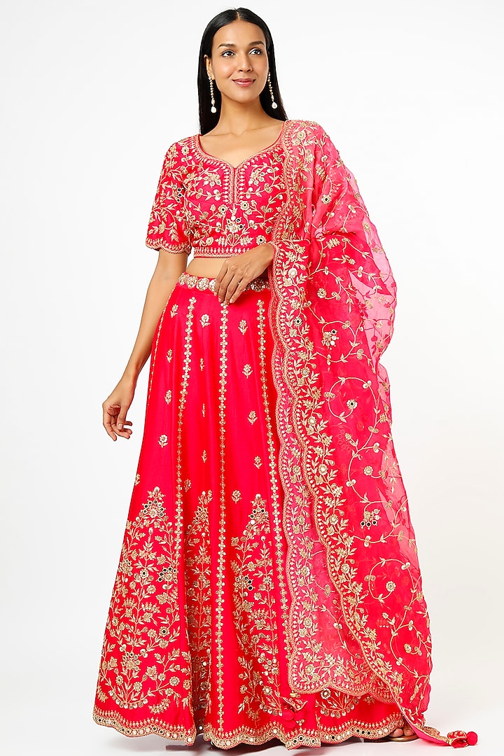 Bright Red Embroidered Bridal Lehenga Set by SURBHI SHAH at Pernia's Pop Up Shop