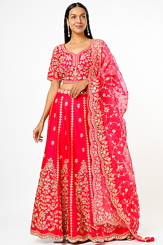 Bright Red Embroidered Lehenga Set by SURBHI SHAH