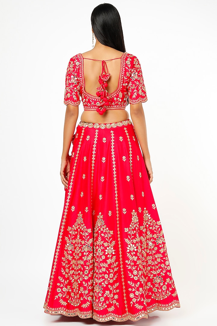 Bright Red Embroidered Bridal Lehenga Set by SURBHI SHAH at Pernia's Pop Up Shop