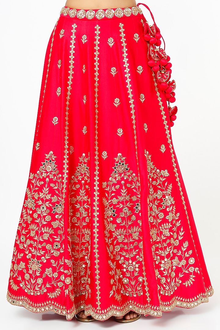 Bright Red Embroidered Bridal Lehenga Set by SURBHI SHAH at Pernia's Pop Up Shop