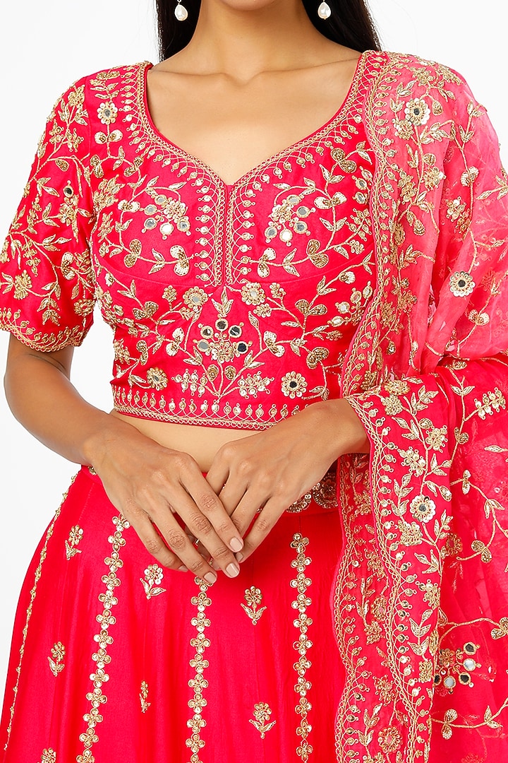 Bright Red Embroidered Bridal Lehenga Set by SURBHI SHAH at Pernia's Pop Up Shop