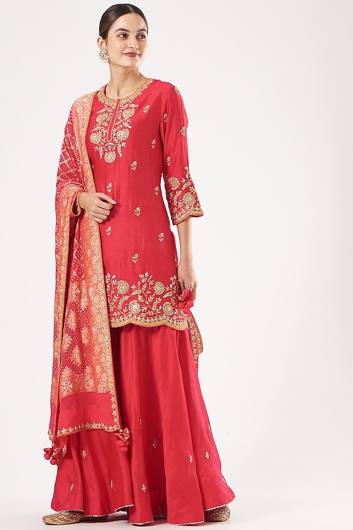 Red Pure Spun Silk Sharara Set by SURBHI SHAH