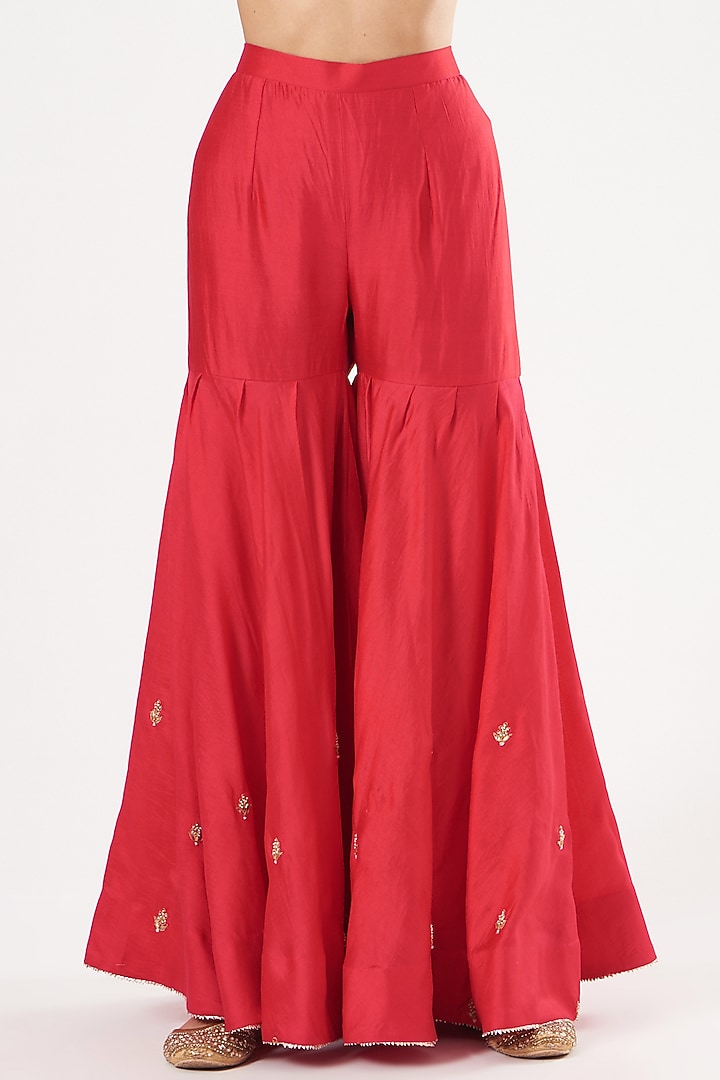 Red Pure Spun Silk Wedding Sharara Set by SURBHI SHAH at Pernia's Pop Up Shop