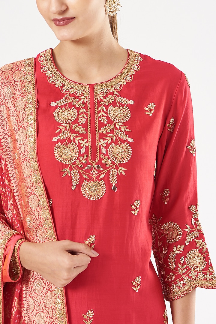 Red Pure Spun Silk Wedding Sharara Set by SURBHI SHAH at Pernia's Pop Up Shop