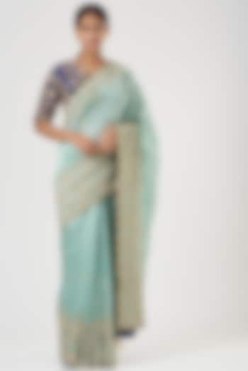 Powder Blue Embroidered Reception Saree Set by SURBHI SHAH at Pernia's Pop Up Shop
