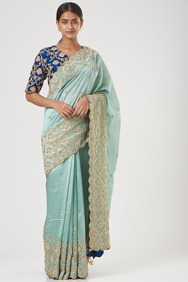 Powder Blue Embroidered Reception Saree Set by SURBHI SHAH at Pernia's Pop Up Shop