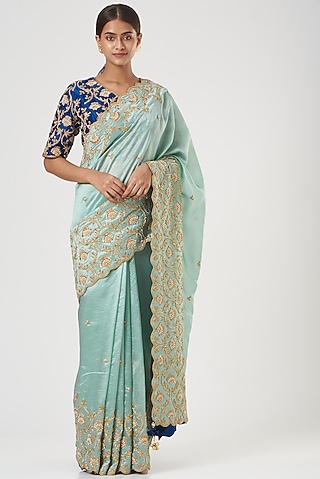 Powder Blue Embroidered Saree Set by SURBHI SHAH