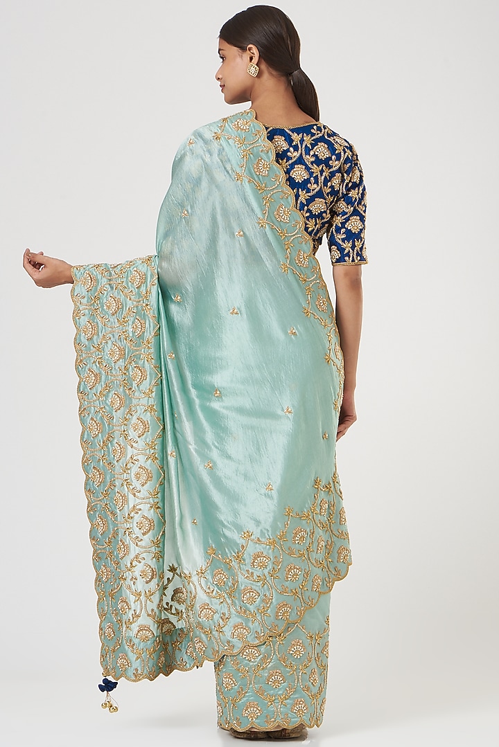 Powder Blue Embroidered Reception Saree Set by SURBHI SHAH at Pernia's Pop Up Shop