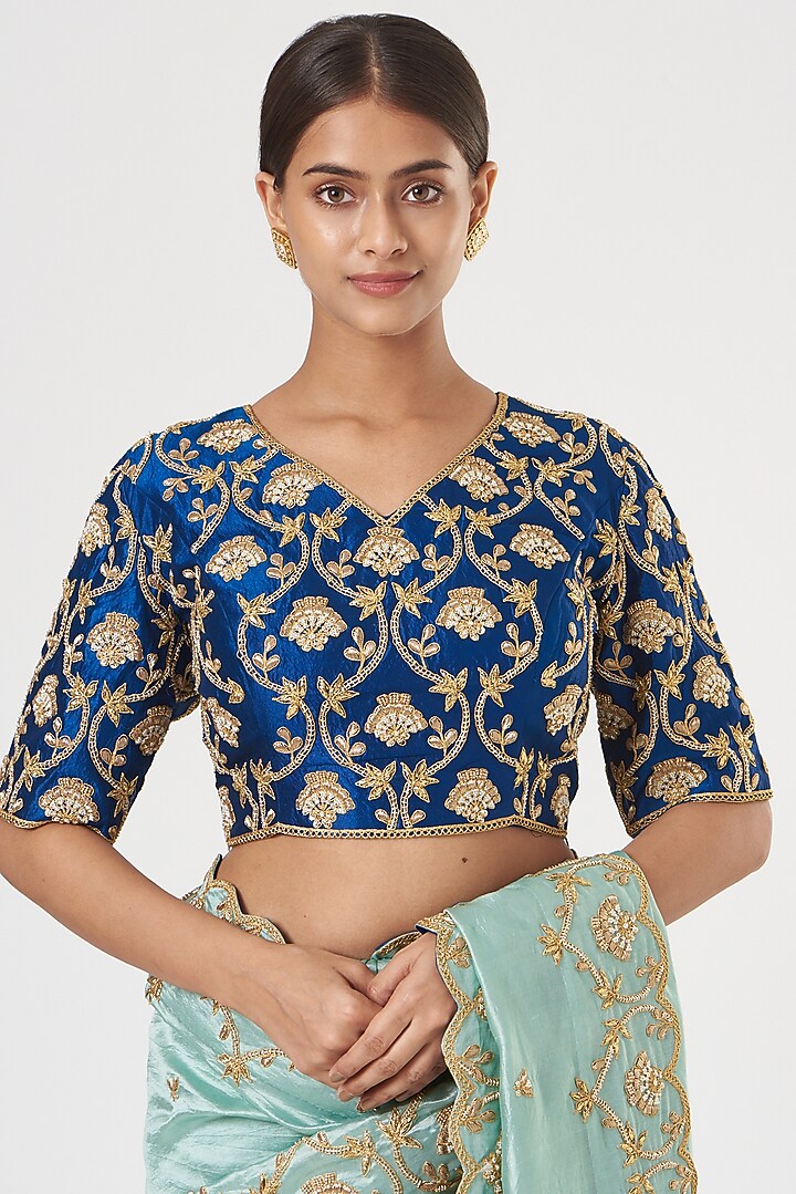 Powder Blue Embroidered Reception Saree Set by SURBHI SHAH at Pernia's Pop Up Shop