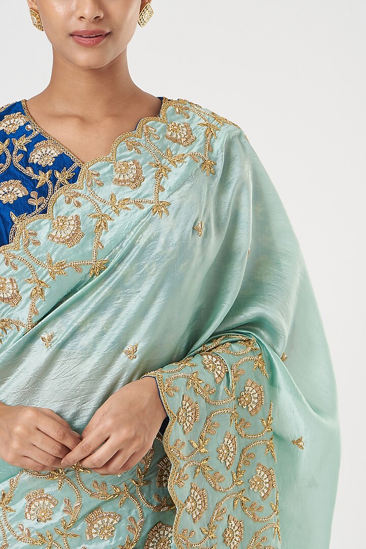 Powder Blue Embroidered Reception Saree Set by SURBHI SHAH at Pernia's Pop Up Shop