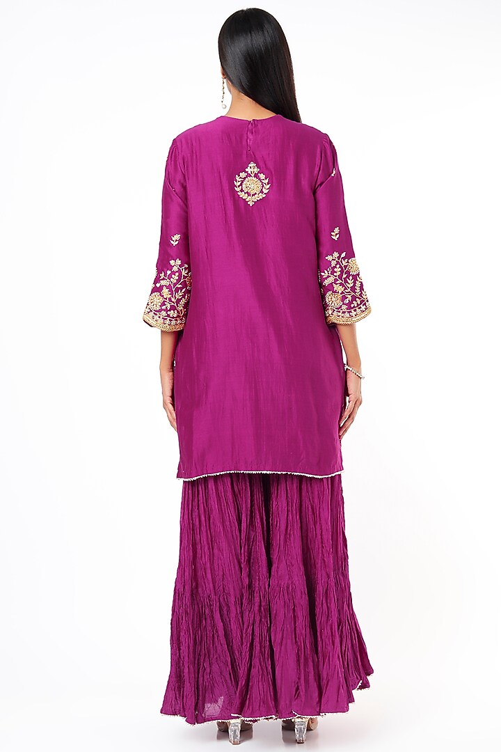 Wine Pure Chanderi Silk Crushed Wedding Sharara Set by SURBHI SHAH at Pernia's Pop Up Shop
