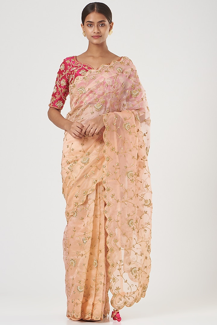 Peach Embroidered Saree Set by SURBHI SHAH