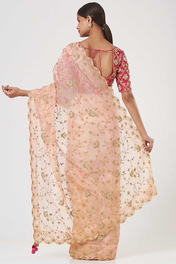 Peach Embroidered Wedding Saree Set by SURBHI SHAH at Pernia's Pop Up Shop