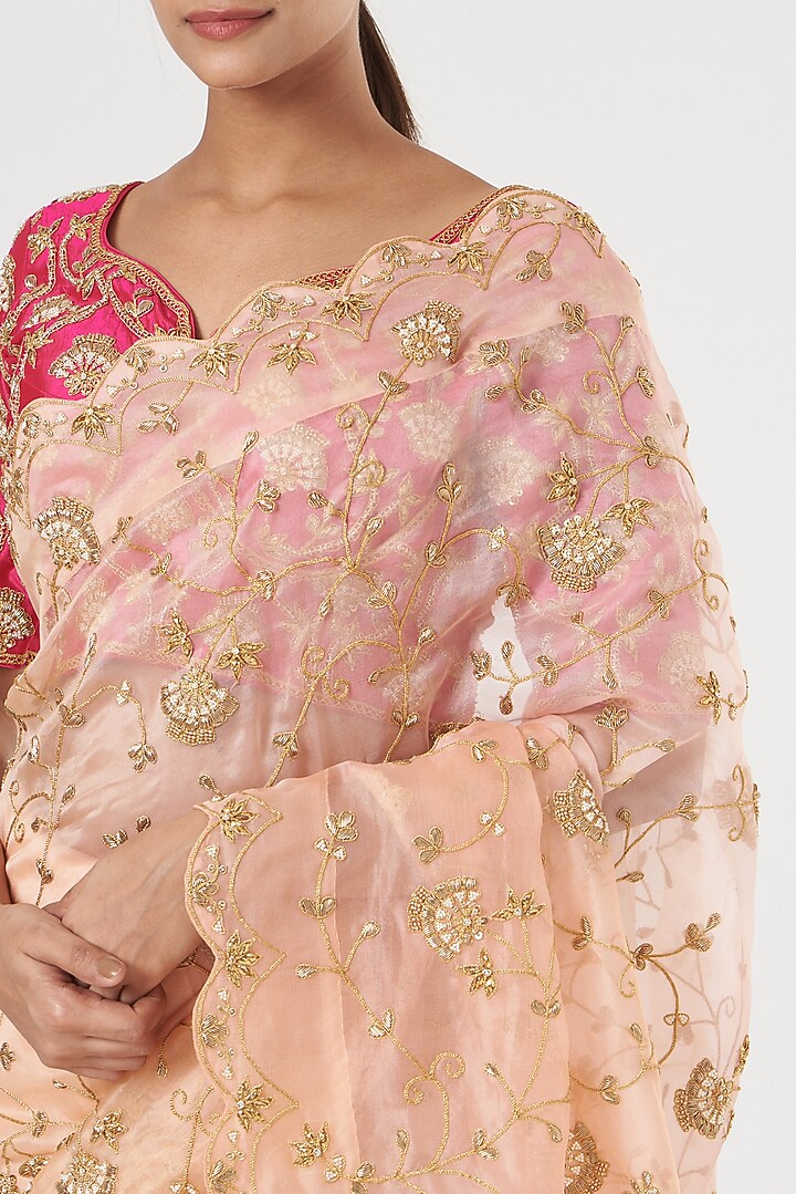 Peach Embroidered Wedding Saree Set by SURBHI SHAH at Pernia's Pop Up Shop