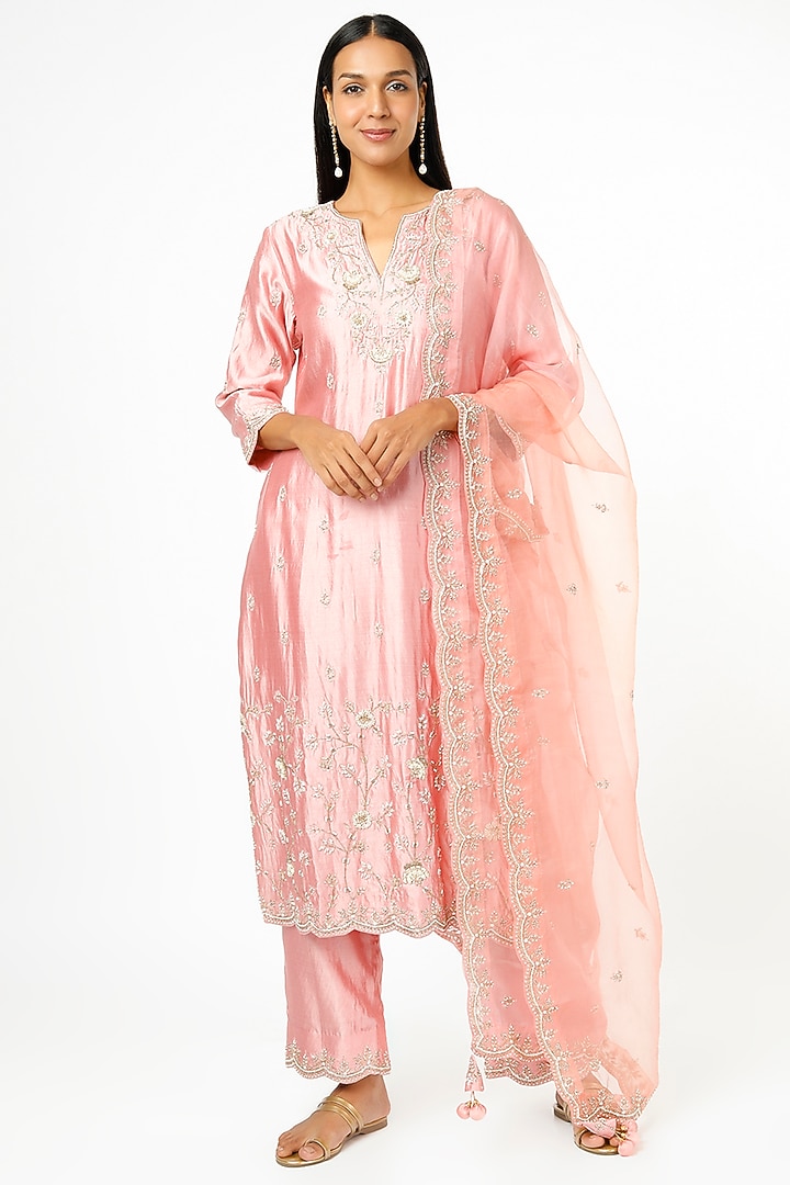 Rose Gold Hand Embroidered Kurta Set by SURBHI SHAH at Pernia's Pop Up Shop