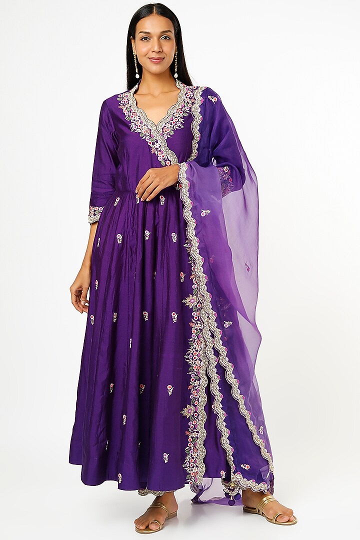 Dark Purple Hand Embroidered Angrakha Kurta Set by SURBHI SHAH at Pernia's Pop Up Shop