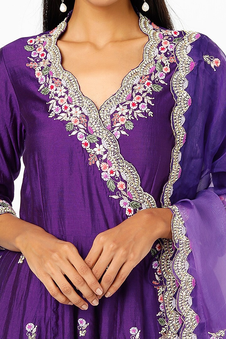 Dark Purple Hand Embroidered Angrakha Kurta Set by SURBHI SHAH at Pernia's Pop Up Shop