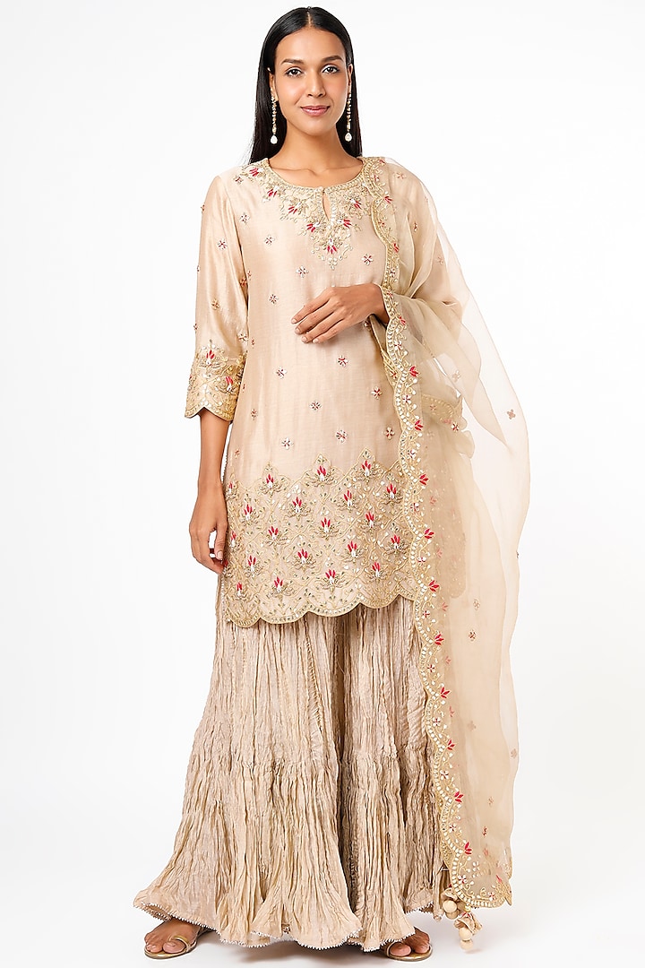 Beige Pure Chanderi Crushed Sharara Set by SURBHI SHAH