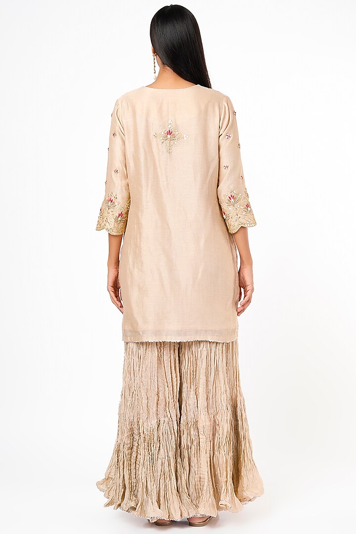 Beige Pure Chanderi Crushed Wedding Sharara Set by SURBHI SHAH at Pernia's Pop Up Shop