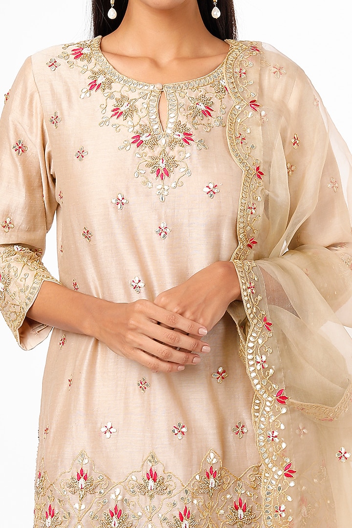 Beige Pure Chanderi Crushed Wedding Sharara Set by SURBHI SHAH at Pernia's Pop Up Shop