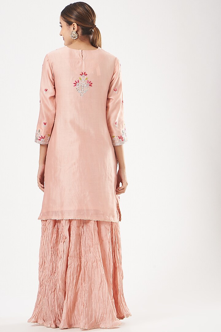 Peach Chanderi Silk Crushed Wedding Sharara Set by SURBHI SHAH at Pernia's Pop Up Shop