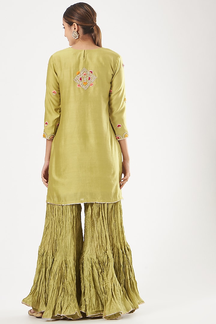 Green Chanderi Silk Crushed Wedding Sharara Set by SURBHI SHAH at Pernia's Pop Up Shop