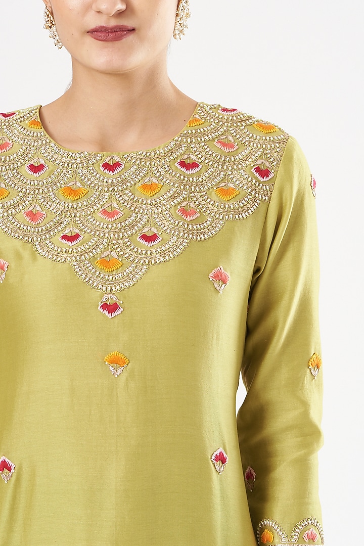 Green Chanderi Silk Crushed Wedding Sharara Set by SURBHI SHAH at Pernia's Pop Up Shop