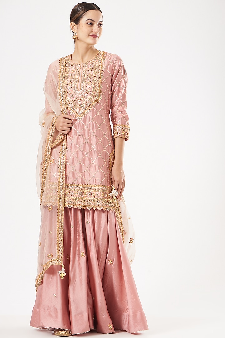 Rose Gold Pure Spun Silk Sharara Set by SURBHI SHAH