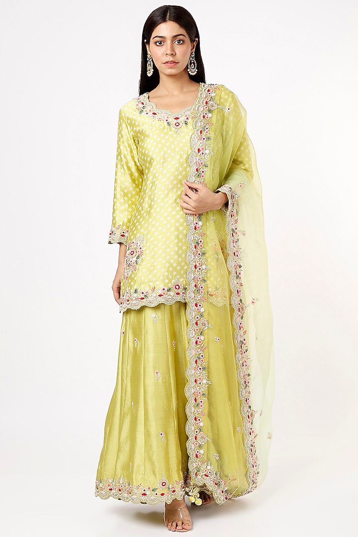 Green Pure Spun Silk Sharara Set by SURBHI SHAH