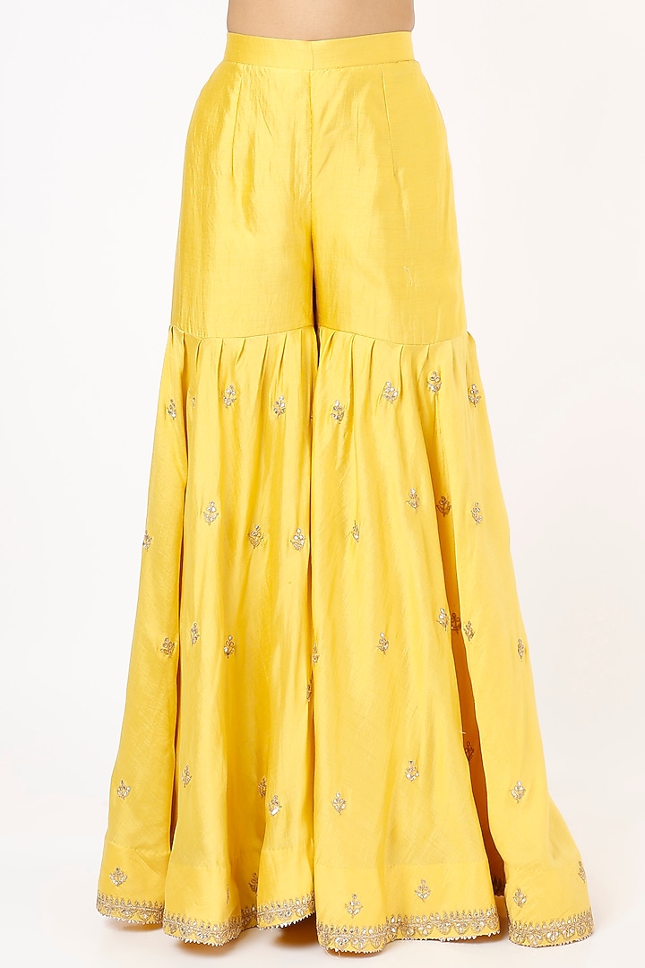 Yellow Pure Spun Silk Wedding Sharara Set by SURBHI SHAH at Pernia's Pop Up Shop