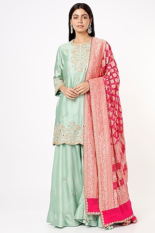 Sea Green Pure Spun Silk Sharara Set by SURBHI SHAH