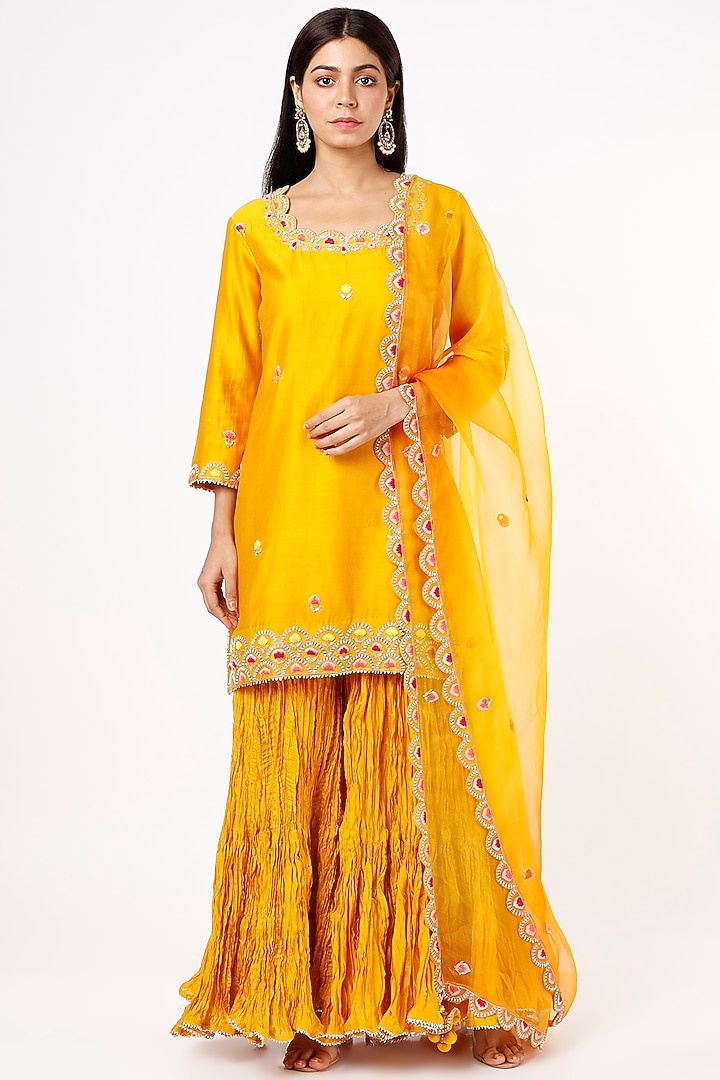 Yellow Pure Spun Silk Wedding Sharara Set by SURBHI SHAH at Pernia's Pop Up Shop