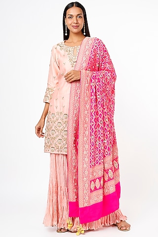 Peach Pure Chanderi Crushed Sharara Set by SURBHI SHAH