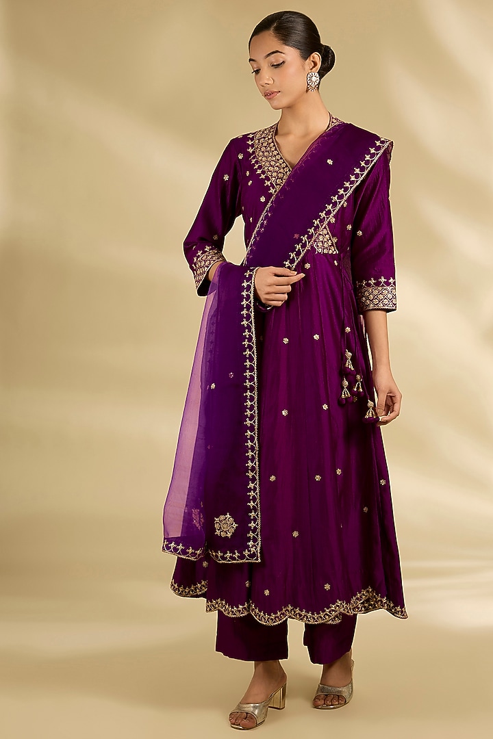Deep Grape Purple Spun Silk Marori Work Angrakha Wedding Anarkali Set by SURBHI SHAH at Pernia's Pop Up Shop