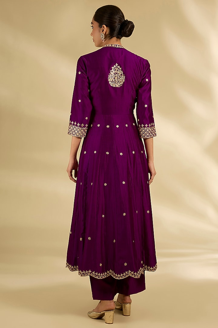 Deep Grape Purple Spun Silk Marori Work Angrakha Wedding Anarkali Set by SURBHI SHAH at Pernia's Pop Up Shop