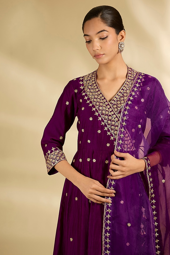 Deep Grape Purple Spun Silk Marori Work Angrakha Wedding Anarkali Set by SURBHI SHAH at Pernia's Pop Up Shop