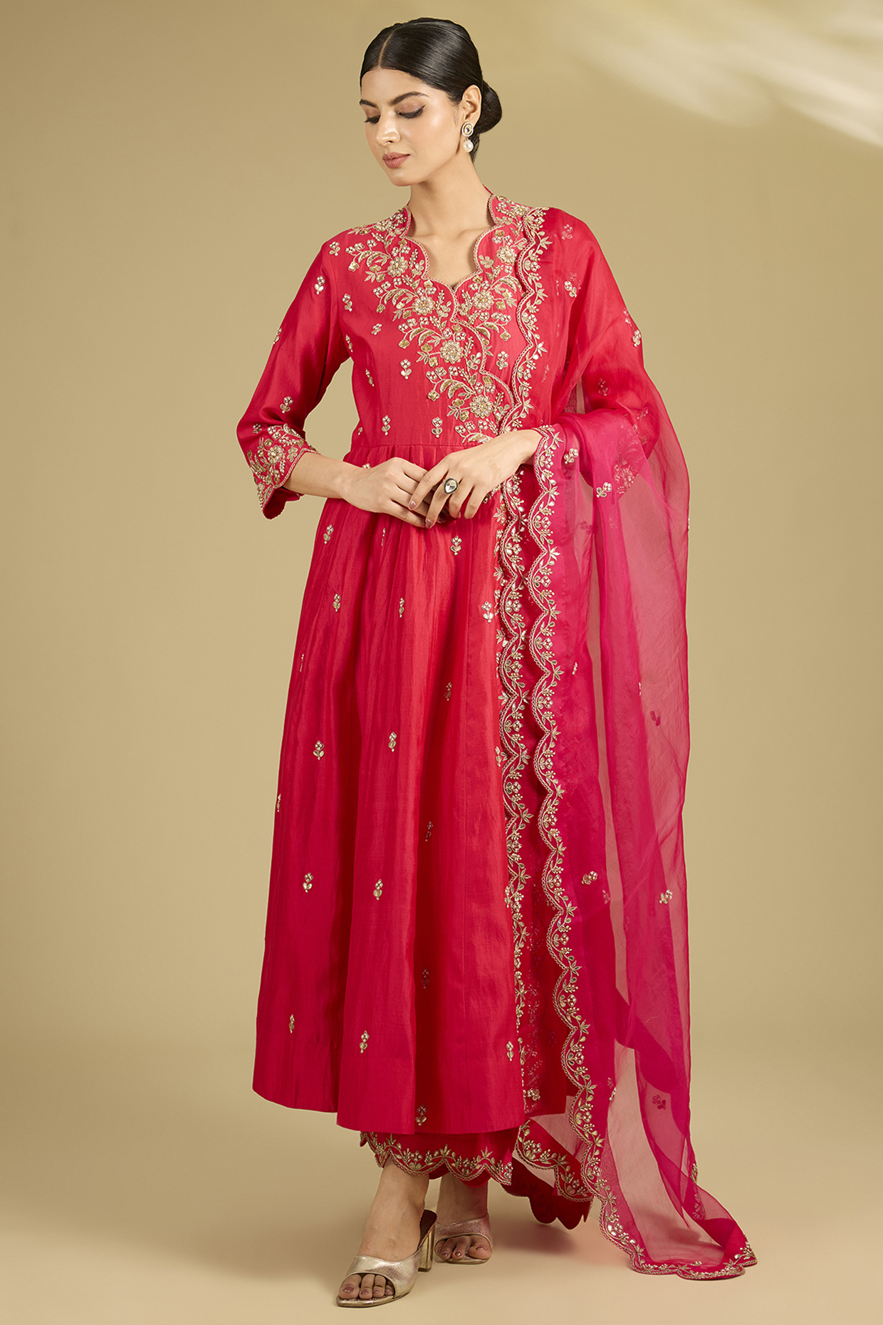 Red Spun Silk Zardosi Work Angrakha Wedding Anarkali Set by SURBHI SHAH at Pernia's Pop Up Shop