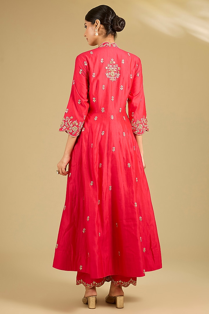 Red Spun Silk Zardosi Work Angrakha Wedding Anarkali Set by SURBHI SHAH at Pernia's Pop Up Shop