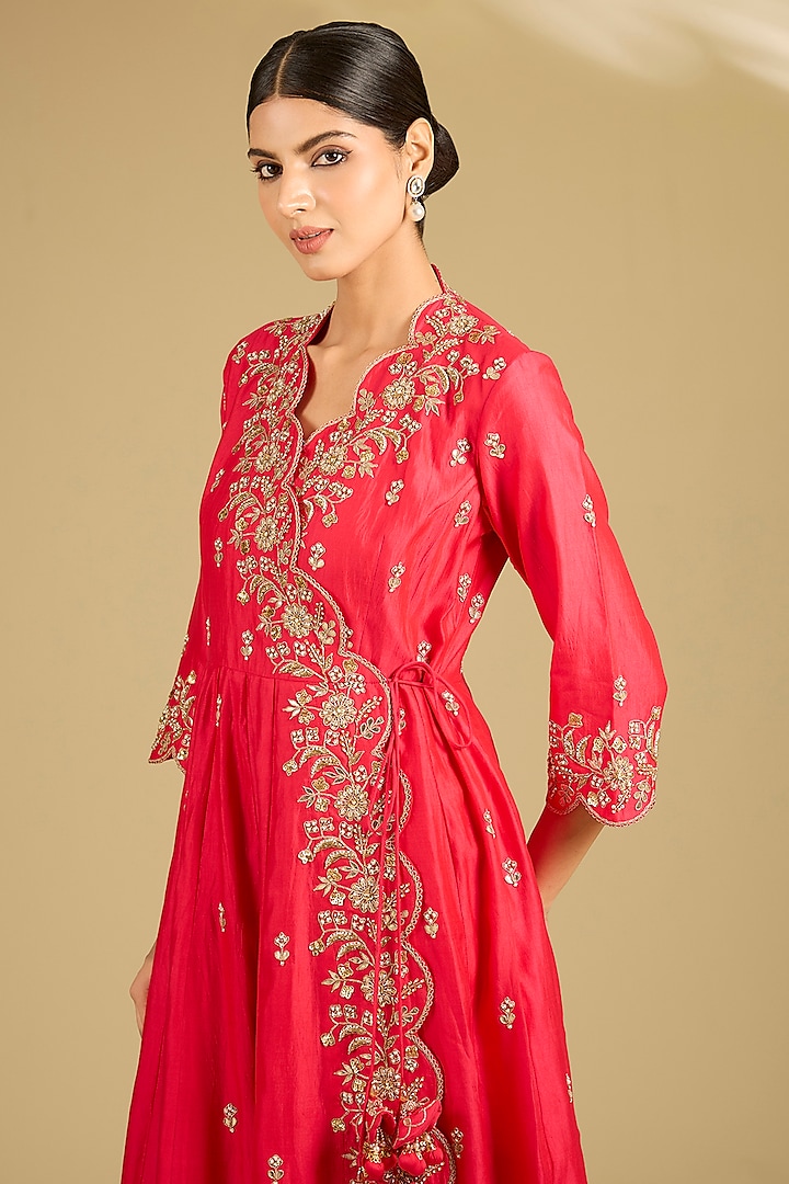 Red Spun Silk Zardosi Work Angrakha Wedding Anarkali Set by SURBHI SHAH at Pernia's Pop Up Shop