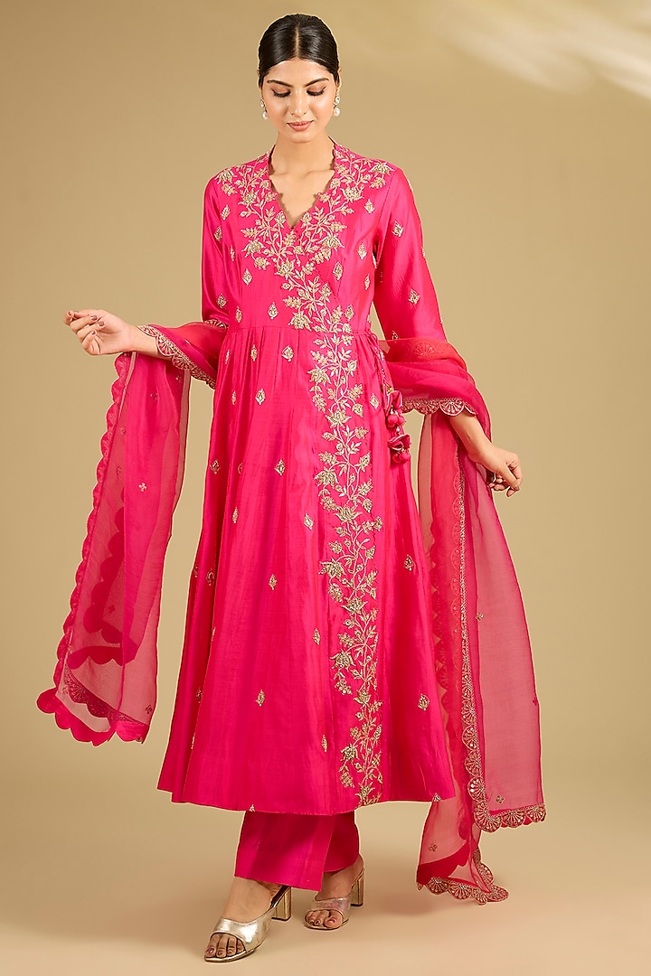 Hot Pink Spun Silk Marori Work Angrakha Wedding Anarkali Set by SURBHI SHAH at Pernia's Pop Up Shop