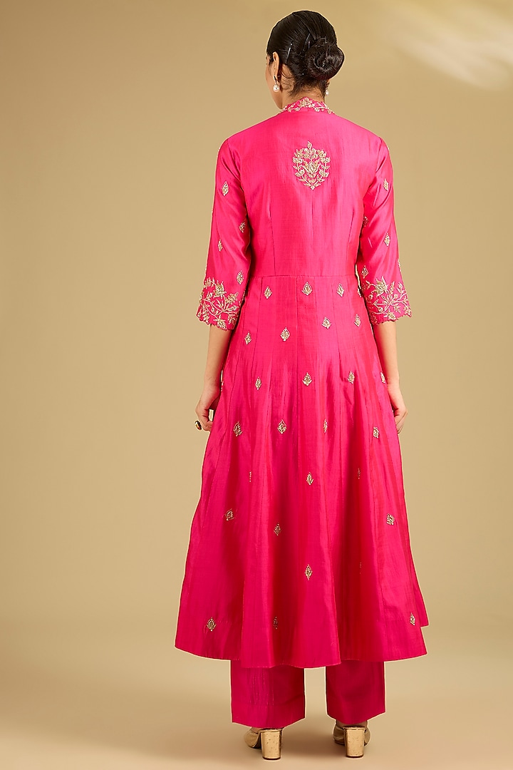 Hot Pink Spun Silk Marori Work Angrakha Wedding Anarkali Set by SURBHI SHAH at Pernia's Pop Up Shop