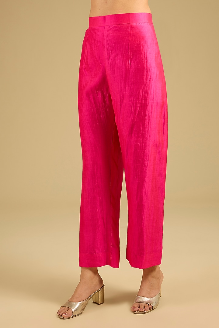 Hot Pink Spun Silk Marori Work Angrakha Wedding Anarkali Set by SURBHI SHAH at Pernia's Pop Up Shop