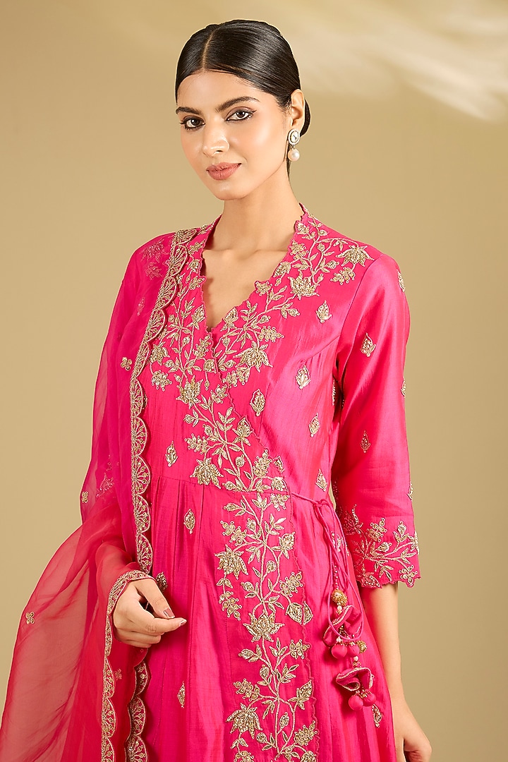Hot Pink Spun Silk Marori Work Angrakha Wedding Anarkali Set by SURBHI SHAH at Pernia's Pop Up Shop