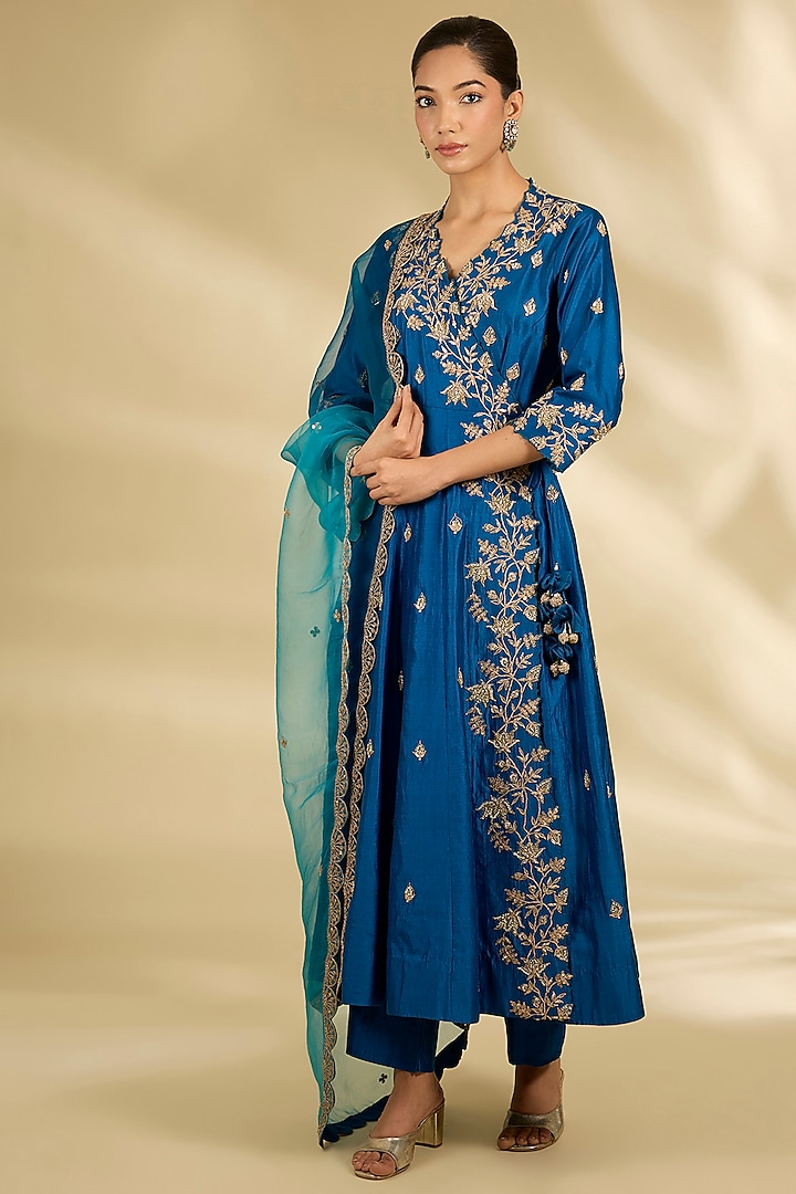 Teal Blue Spun Silk Marori Work Angrakha Wedding Anarkali Set by SURBHI SHAH at Pernia's Pop Up Shop
