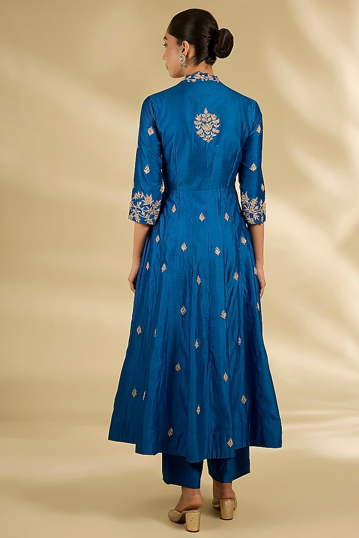 Teal Blue Spun Silk Marori Work Angrakha Wedding Anarkali Set by SURBHI SHAH at Pernia's Pop Up Shop