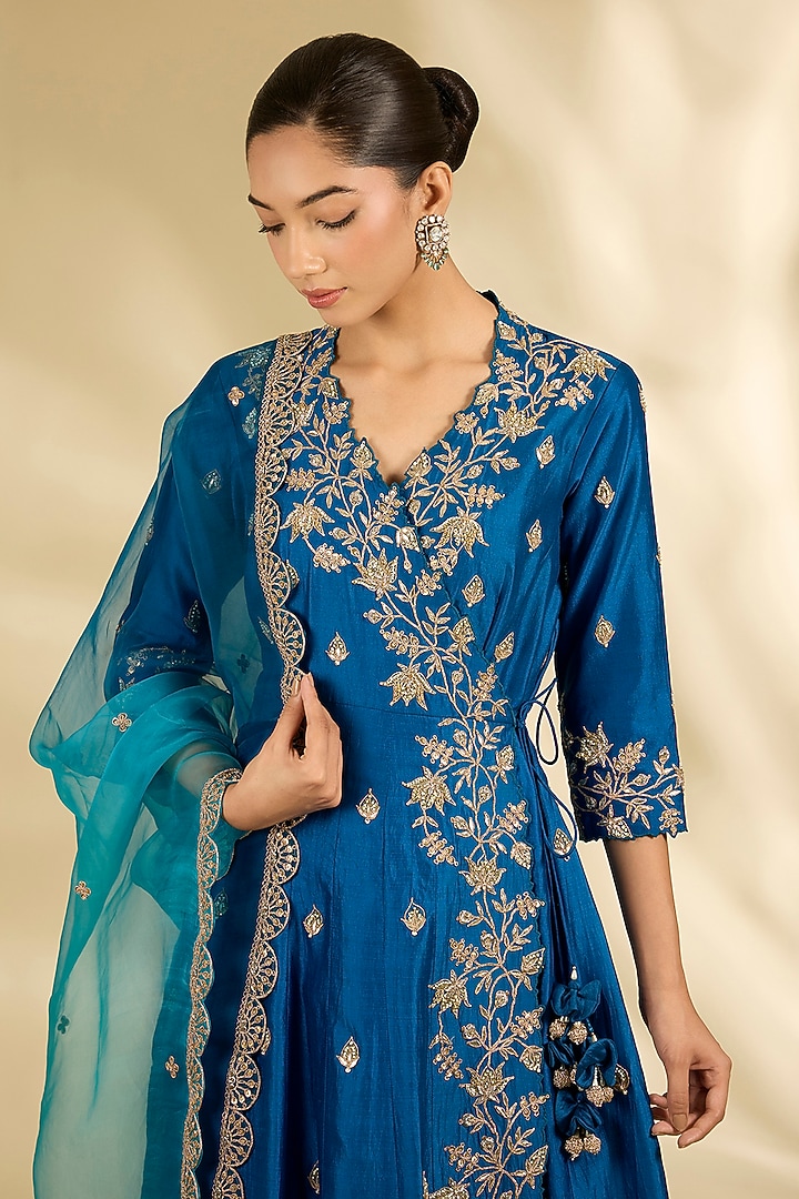 Teal Blue Spun Silk Marori Work Angrakha Wedding Anarkali Set by SURBHI SHAH at Pernia's Pop Up Shop