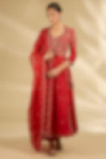 Sunset Orange Spun Silk Sequins & Marori Work Angrakha Wedding Anarkali Set by SURBHI SHAH at Pernia's Pop Up Shop